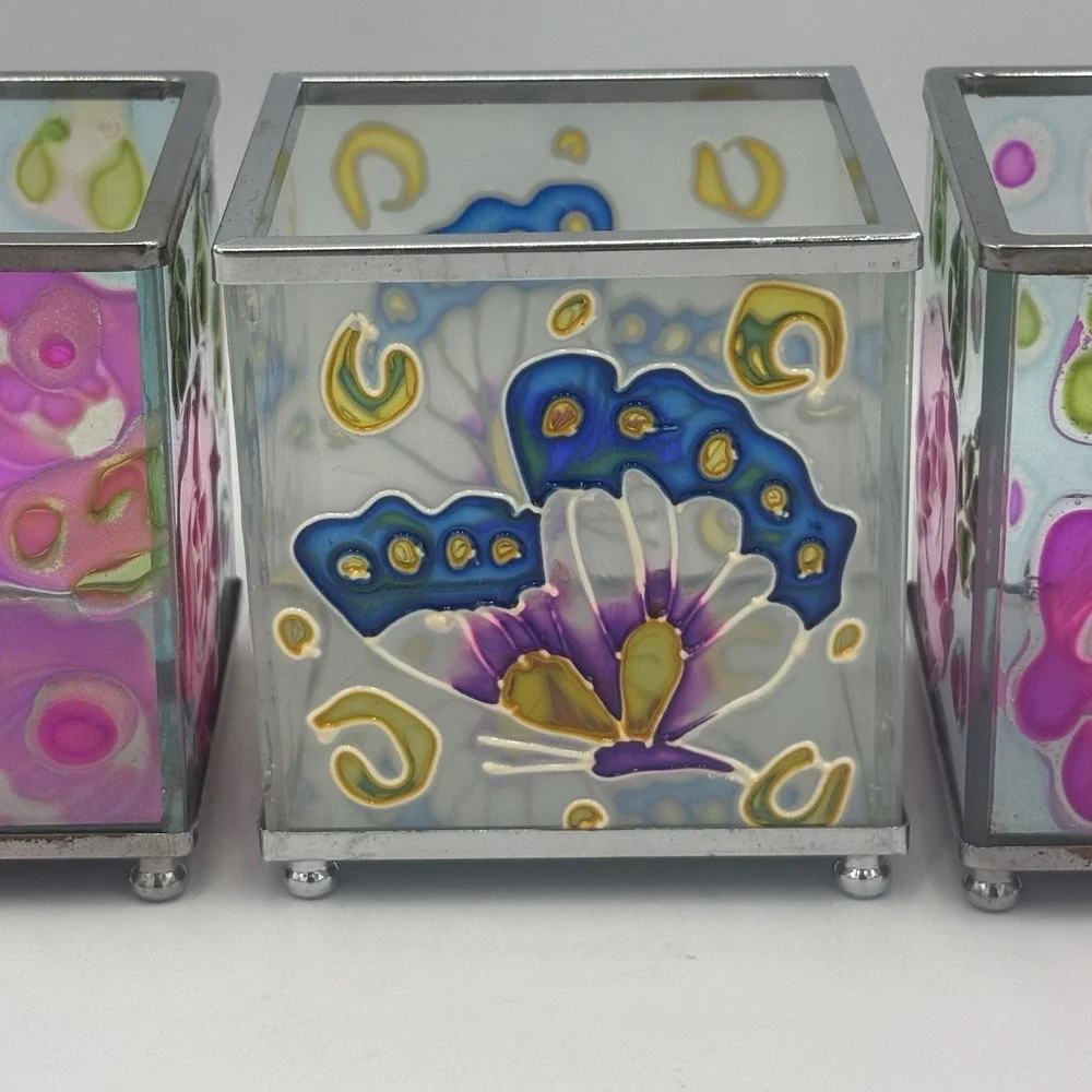 Vintage Floral Butterfly Faux-Stained Glass Candle Votive Holder 3